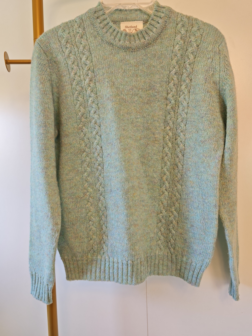 Vintage Pure Wool Shetland Light Aqua Green Cable Crewneck Sweater EU Size 36